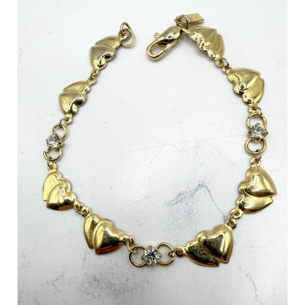 Gold Tone‎ Double Heart Bracelet Rhinestone Made Korea 7.5"